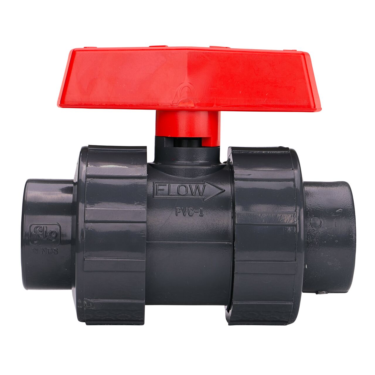 The 1 in. PVC Slip & Threaded True Union Ball Valve (NDS BTU-1000-E) includes both slip and threaded connector valve ends that can be unscrewed to remove valve from pipe line for maintenance