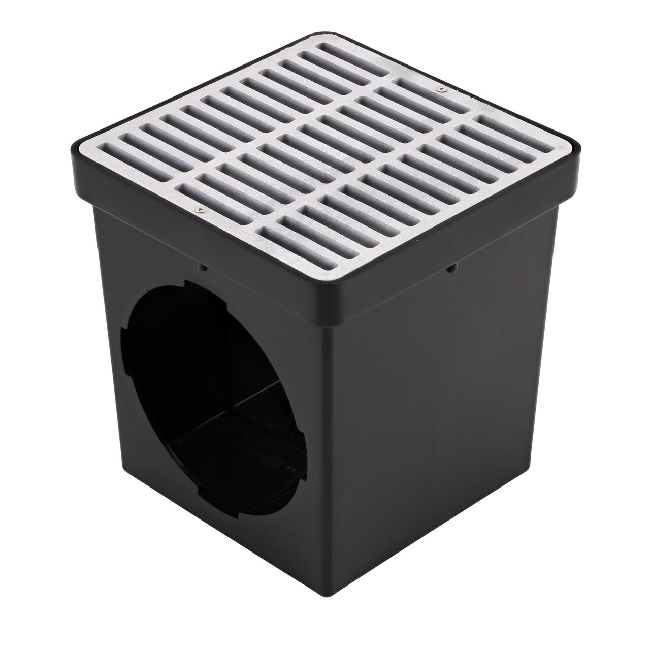 9 in. gray plastic grate (NDS 999) installed on a black plastic 9 in. Catch Basin Drain with 2 Openings (NDS 900*); retail