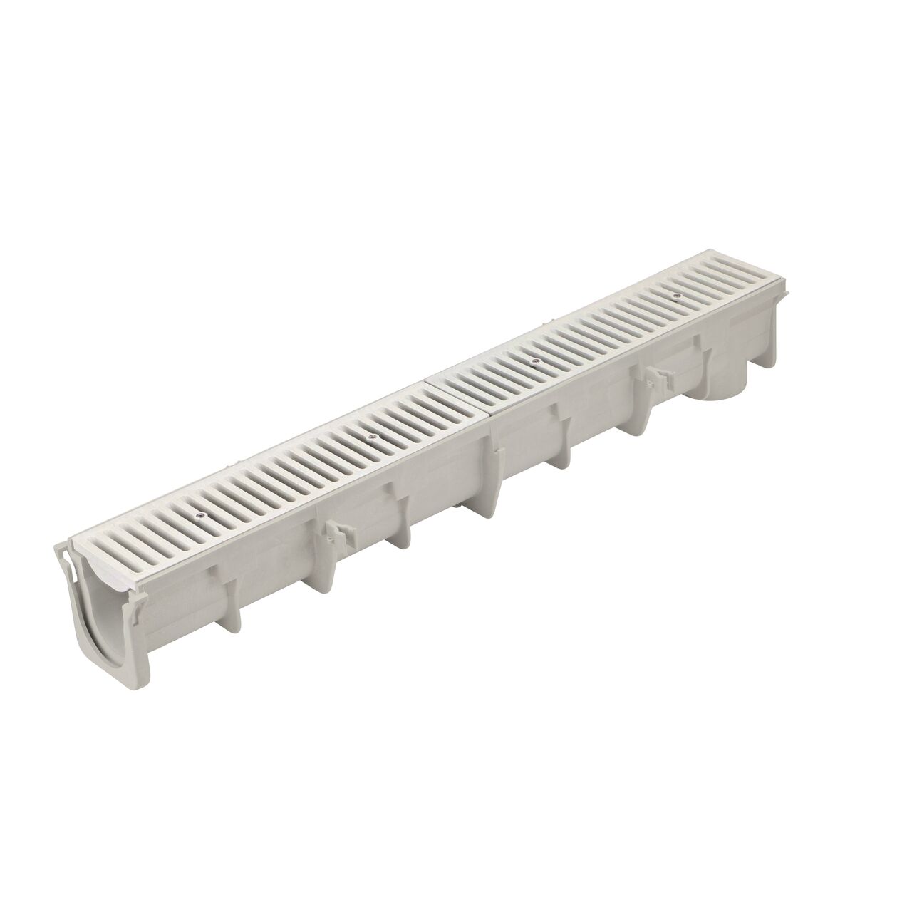 The NDS 4.67 To 5.0 in. Deep Dura Slope Channel (NDS DS-094) with the Standard Duraslope Light Gray Grate installed (NDS 661LG)