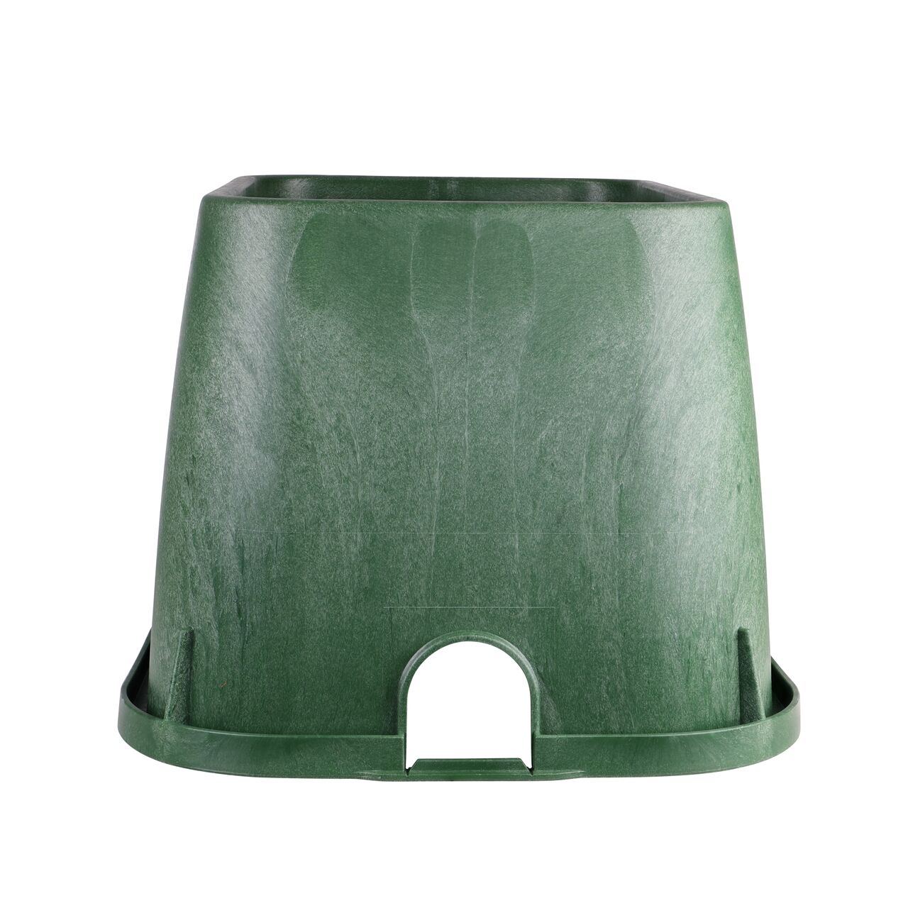Side view of the pipe hole side on the NDS green plastic 14 X 19 in. Rectangular Standard Series Valve Box (NDS 114B) showing both pipe holes available to connect valves to your irrigation system