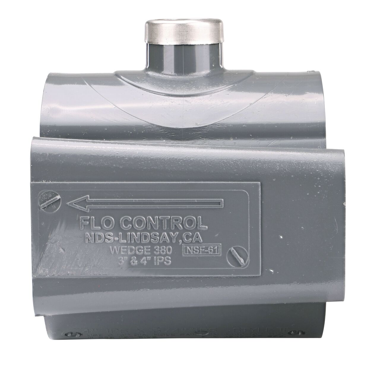 Side view showing patented wedge design in locked position on the NDS Clamp-It™ Rigid PVC Saddle with 3/4 in. FPT connection on top (NDS 444007) for 4 in. PVC pipe