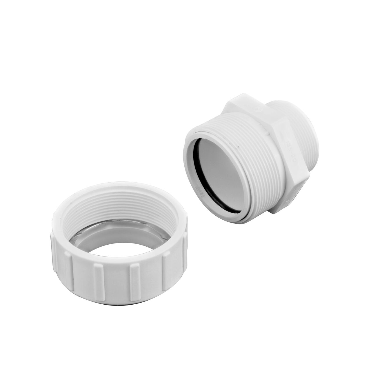 Unassembled NDS 1-1/2 in. Flo-Lock™ Gripper Adapter showing where the two ends come apart to secure the adapter to the pipe (NDS 135-20)
