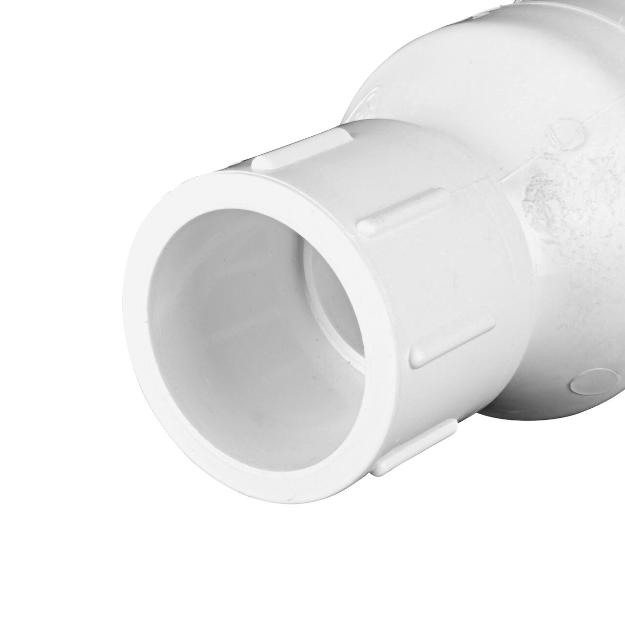 Closeup of the sloped slip end of the NDS White 1 in. PVC Spring Check Valve (NDS 1011-10, NDS 1012-10)