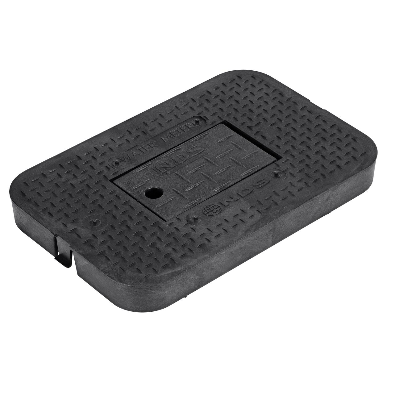 This NDS 14 in. X 19 in. Rectangular Standard Series Meter Box Cover is a Black Drop-in Cover with Water Meter markings on the lid (NDS D1200-DIRBL) with a Plastic reader door and fits NDS standard series 14 in. X 19 in. meter boxes