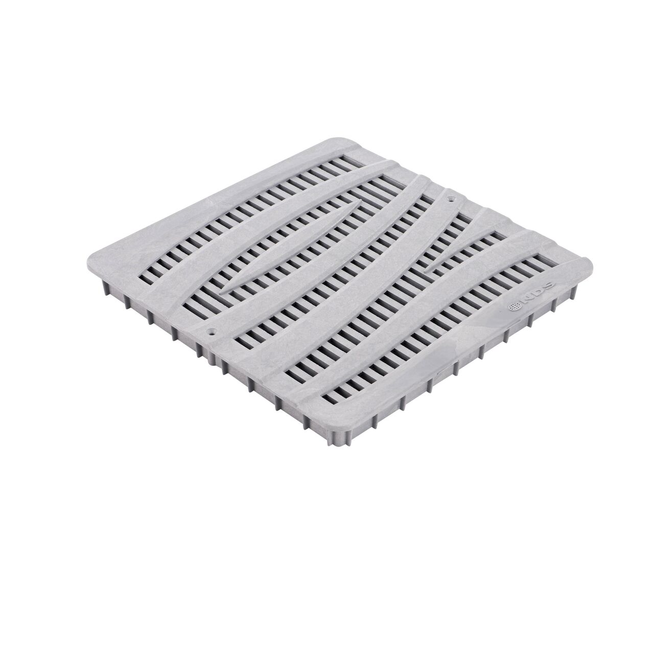 Gray plastic 12 in. Catch Basin Grate (NDS 1224GY) with a decorative wave design drains water as it blocks pipe-clogging debris