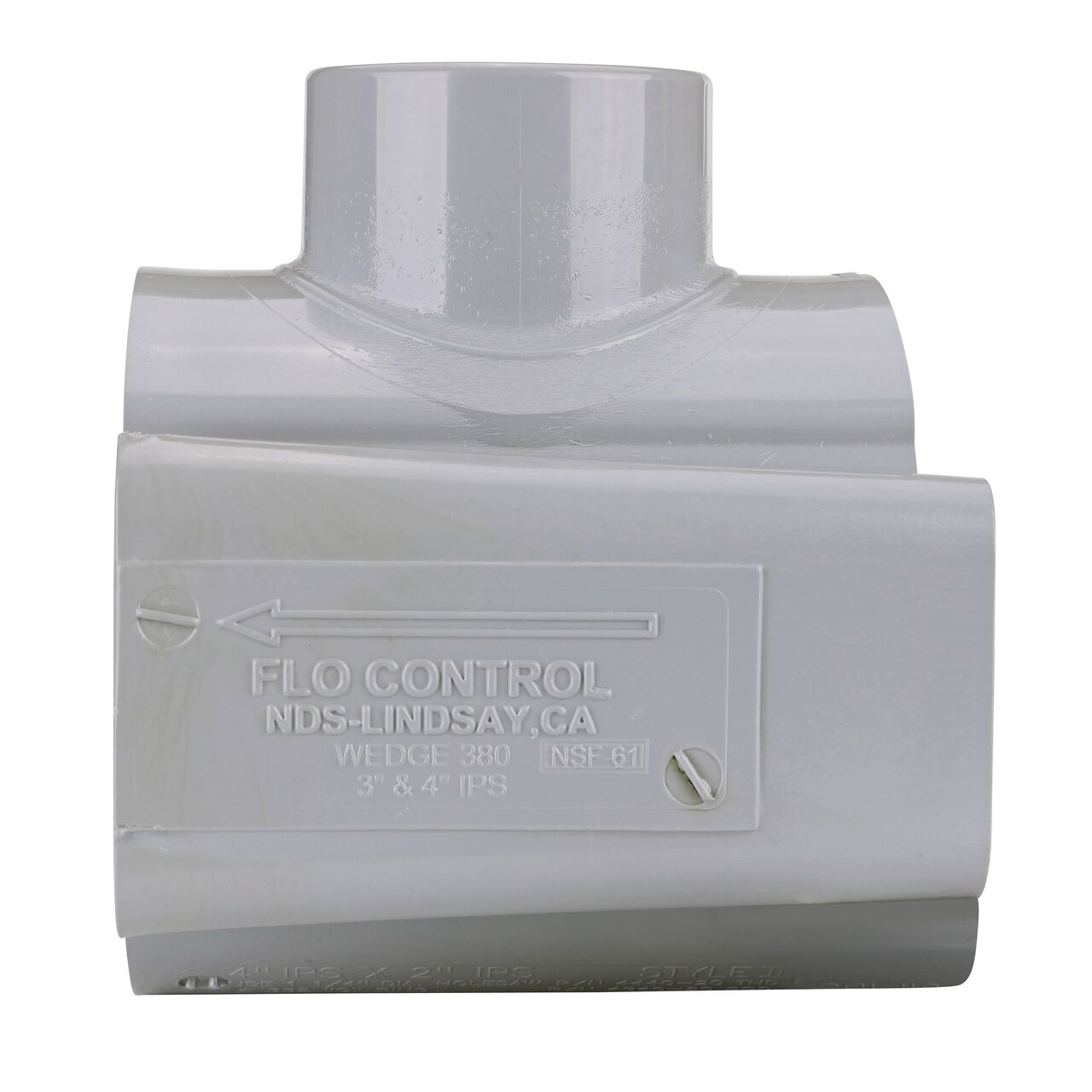Side view showing patented wedge design in locked position on the NDS Clamp-It™ Rigid PVC Saddle with 2 in. slip connection on top (NDS 454020) for 4 in. PVC pipe