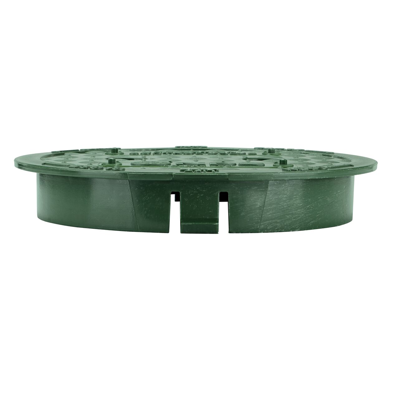 The NDS 6 in. Round Standard Series Green Irrigation Control Valve Box Cover (NDS 2107C) is an overlapping lid shown here from the side, that prevents dirt and debris from entering the valve box