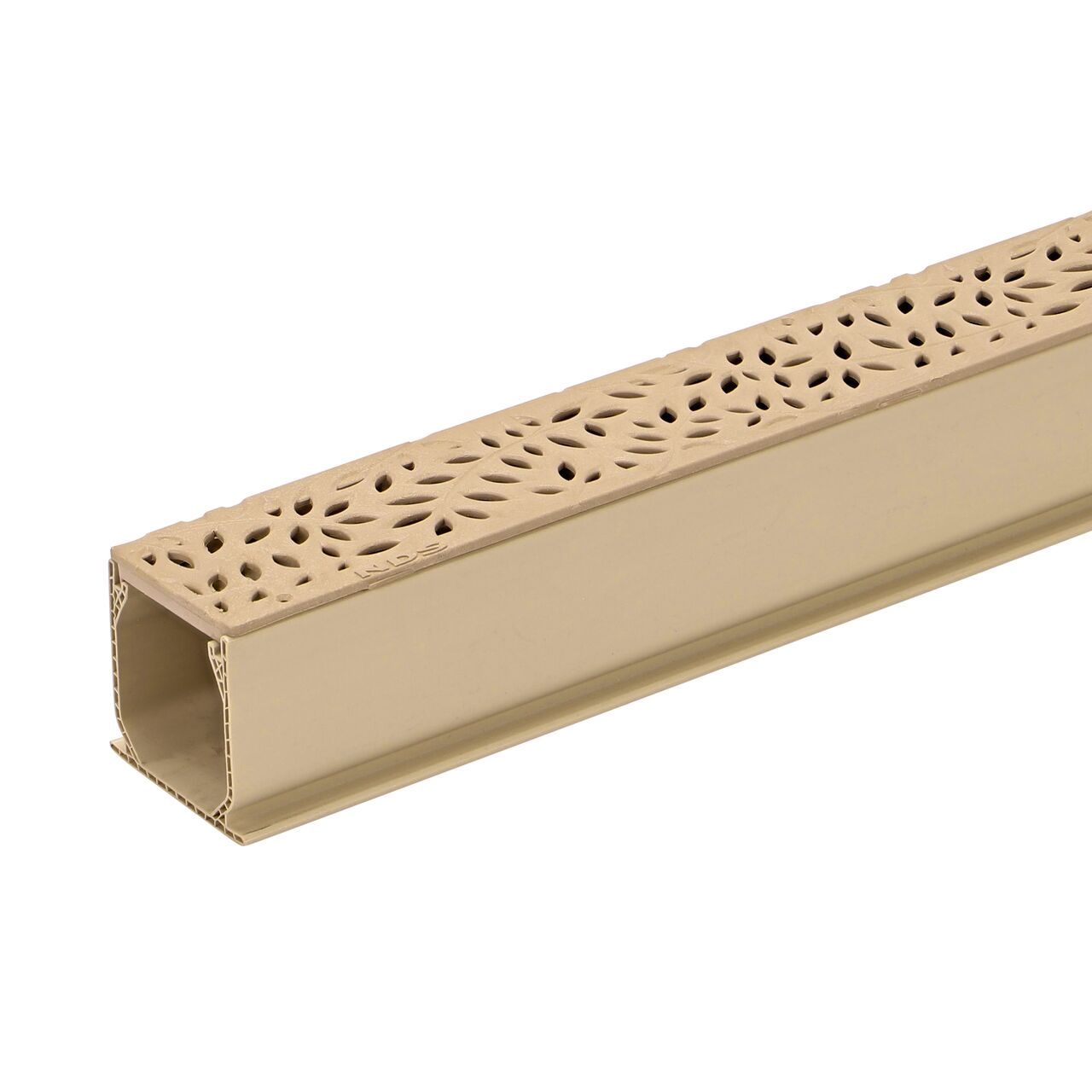 Partially installed NDS Polished Bras 3-1/16 in. wide X 6 ft. long Mini Channel™ Drain (NDS 500S) with botanical grate installed (NDS 554S)