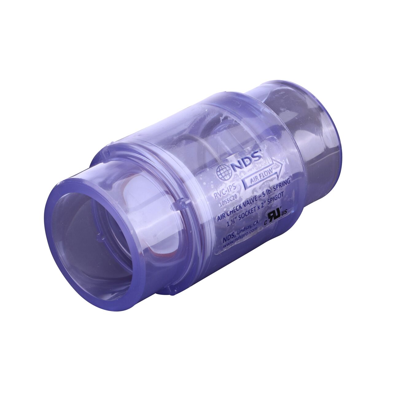 NDS Clear 1-1/2 in. slip end by 2 in. spigot end PVC Air Check Valve with 5 lb. Spring (NDS 1055C20)