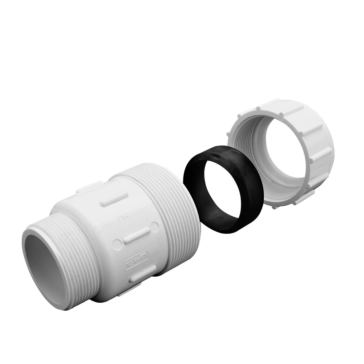 The PVC Compression Adapter 2 in. IPS UC X 2 in. IPS MPT unassembled showing that the adapter comes with adjustable nut for corrosion-free connection and reduces pull-out from pipes (NDS CPA-2000)