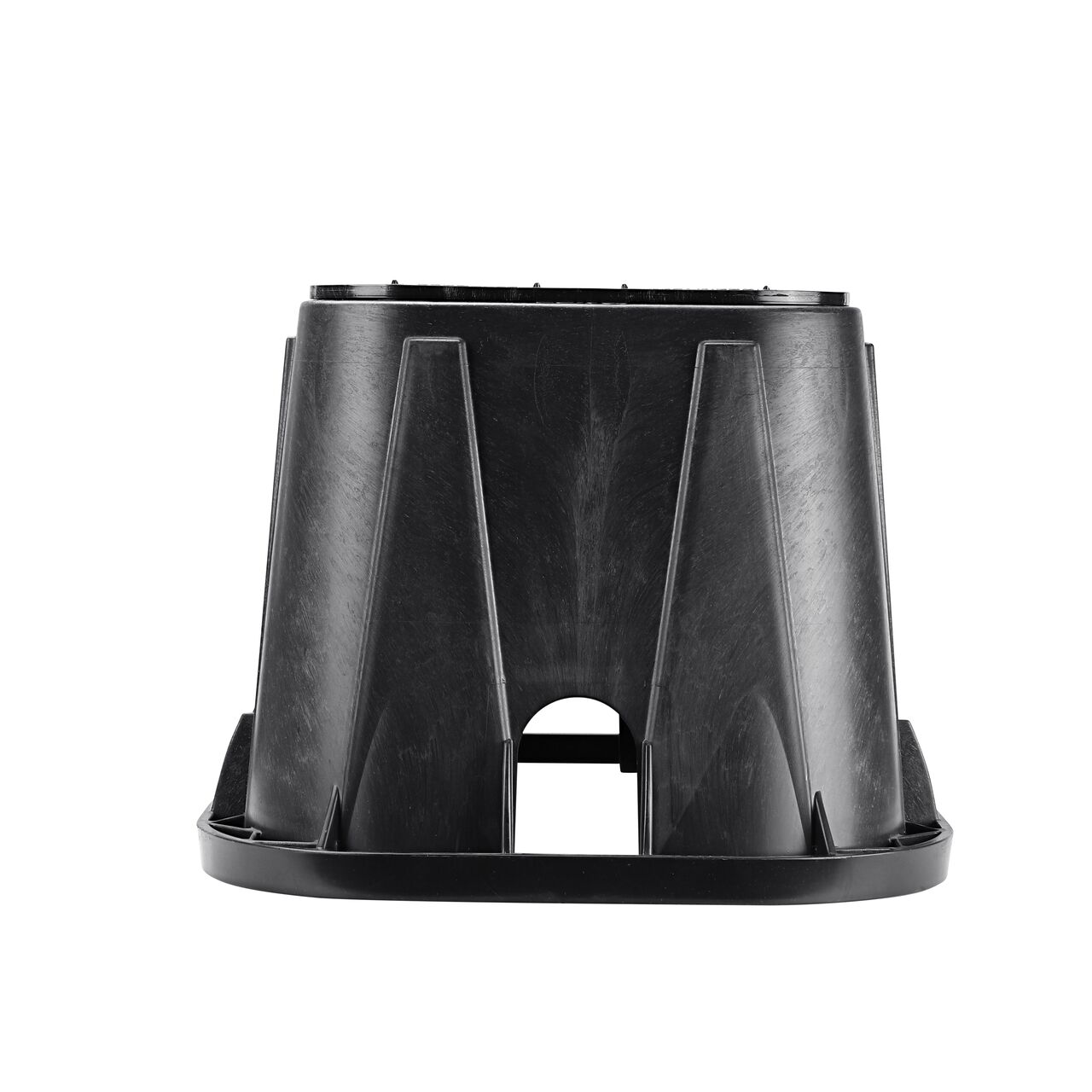 Side view of the shorter width side of the NDS 14 in. X 19 in. Rectangular Pro-Spec® Series Valve Box & Water Cover (NDS 313BCBWBLK) rugged enclosure that features a pipe hole for water and irrigation pipe connections