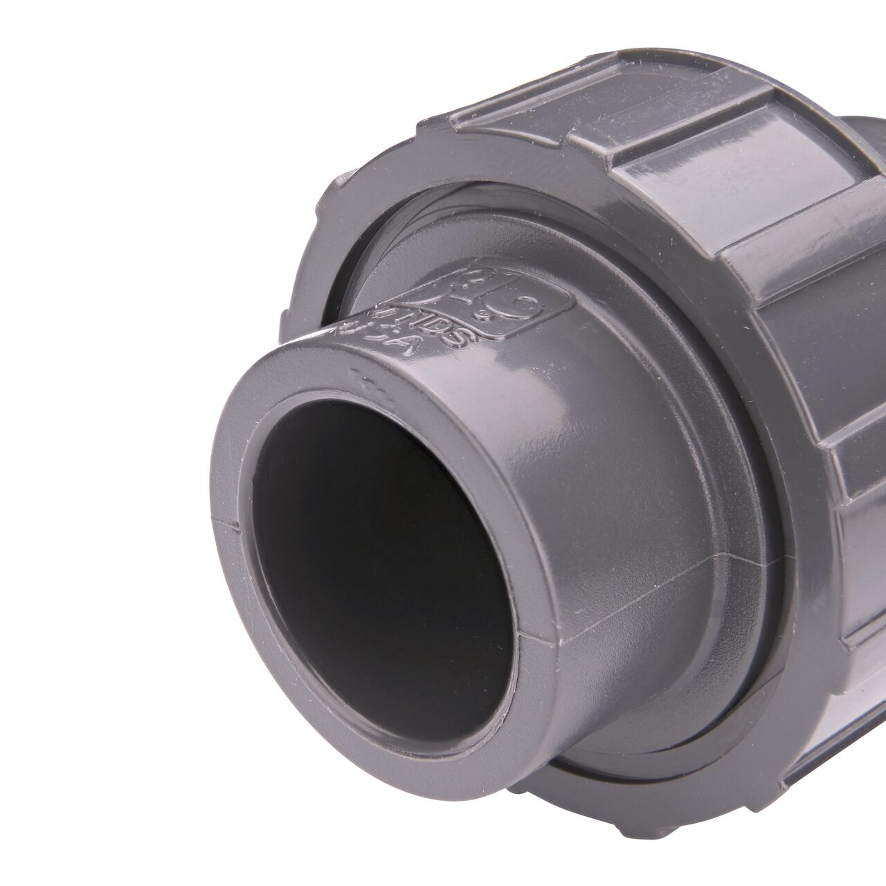 Closeup view of one slip end on the NDS 1/2 in. PVC Union (NDS U-0500-S)  which provides a corrosion-free connection between pipes and prevents costly property damage