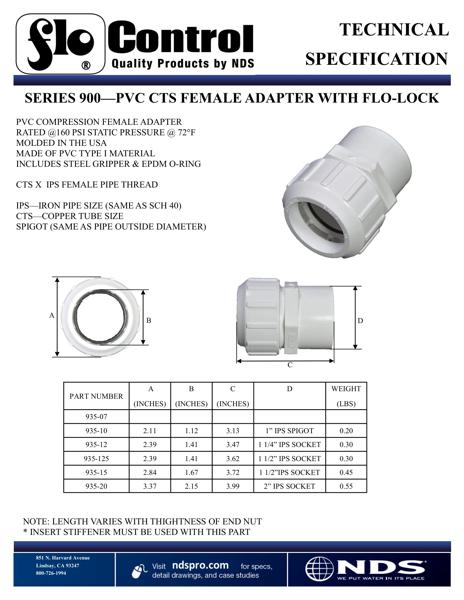 NDS Flo-Lock™ Gripper Adapters IPS Spigot X CTS FPT Tech Spec