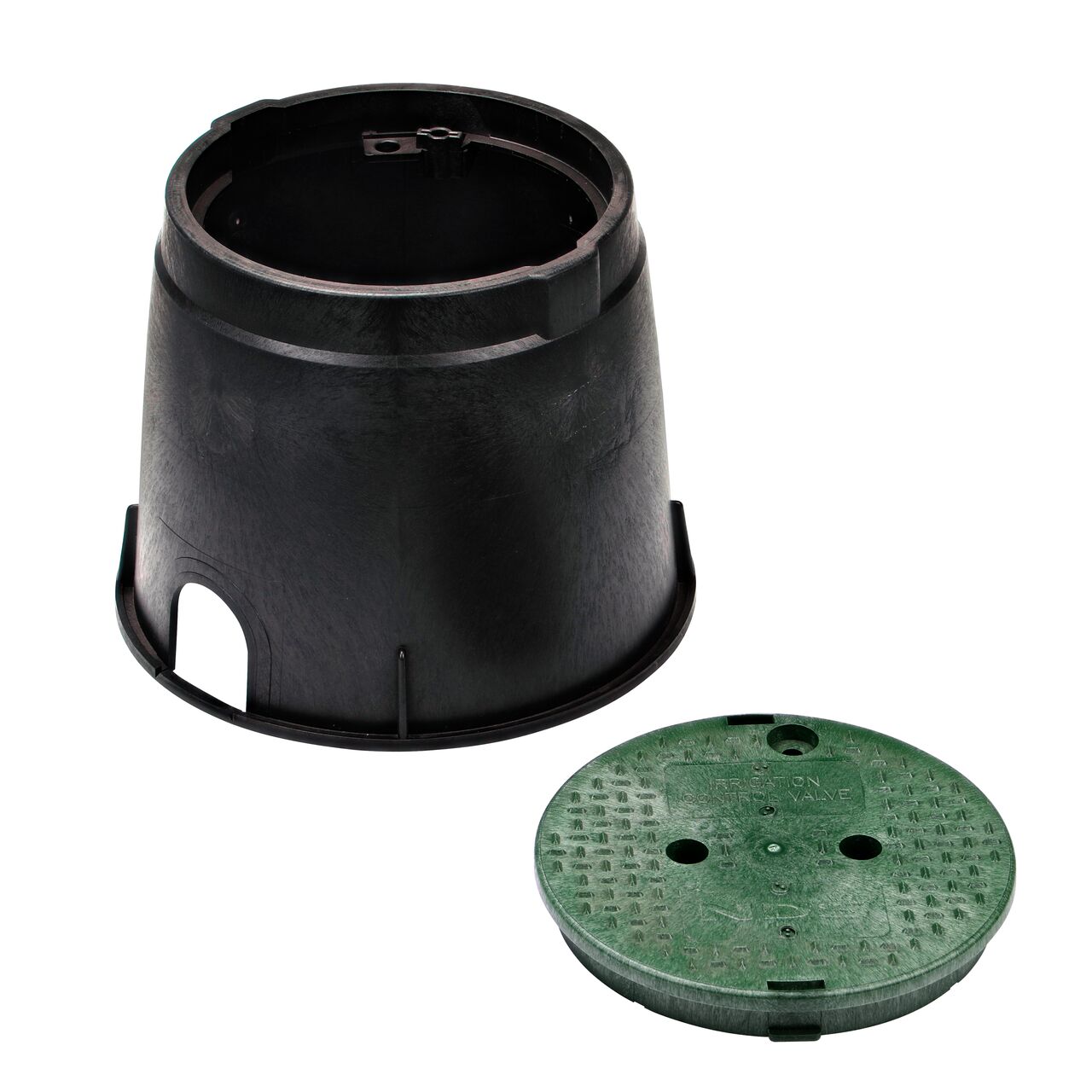 Unassembled View of 10 in. Round Valve Box and Cover which is a Black Box and Green ICV Cover; hides components (NDS 111BC)