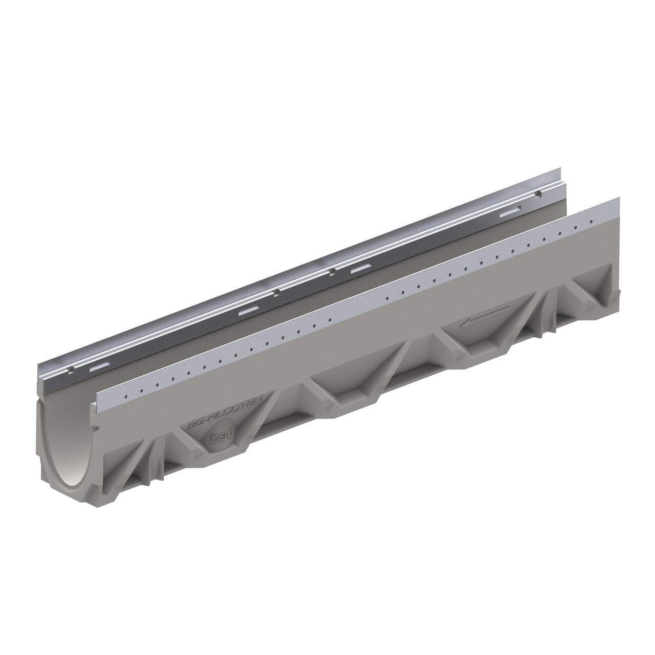 The female interlocking end of the BG-FILCOTEN® by NDS® tec E 100 Trench Channel Drain with Stainless Steel Rails, a neutral channel drain called a 10-0 without a slope (NDS 10410362)