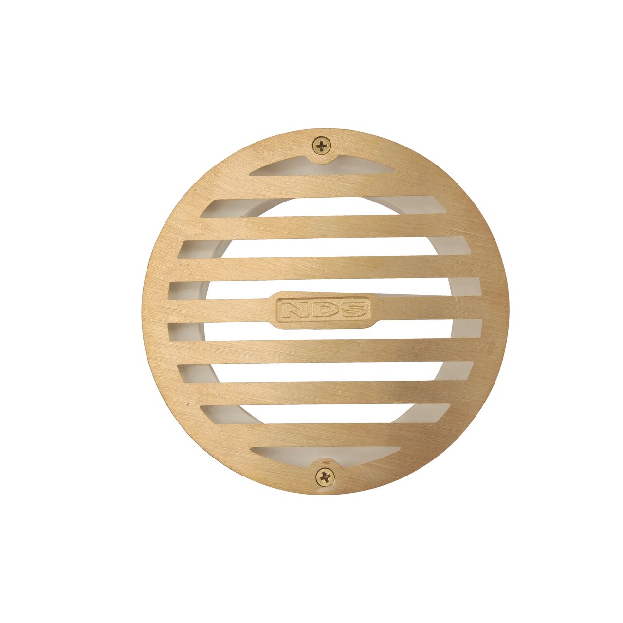 Top-down view of the NDS 4 in. Round Grate with Collar made of satin brass and plastic (NDS 910B-10*, NDS 910B*, NDS 910B)