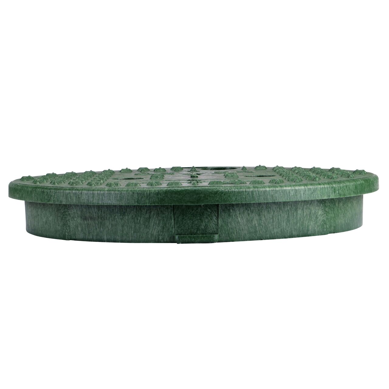 The NDS 10 in. Round Standard Series green sewer Valve Box Cover (NDS 111CS) is an overlapping lid shown here from the side, that prevents dirt and debris from entering the valve box