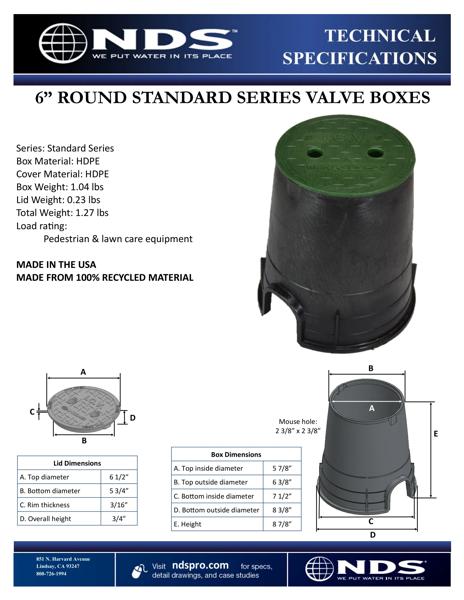 NDS 6 in. Round Standard Series Valve Boxes & Covers Tech Spec