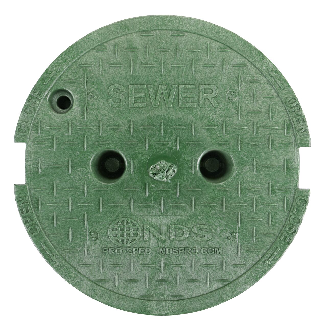 Top down view of the top side of the green sewer water cover for the NDS 10 in. Round Pro-Spec® Series (NDS 311CS) shows markings, two finger slots to twist and remove lid