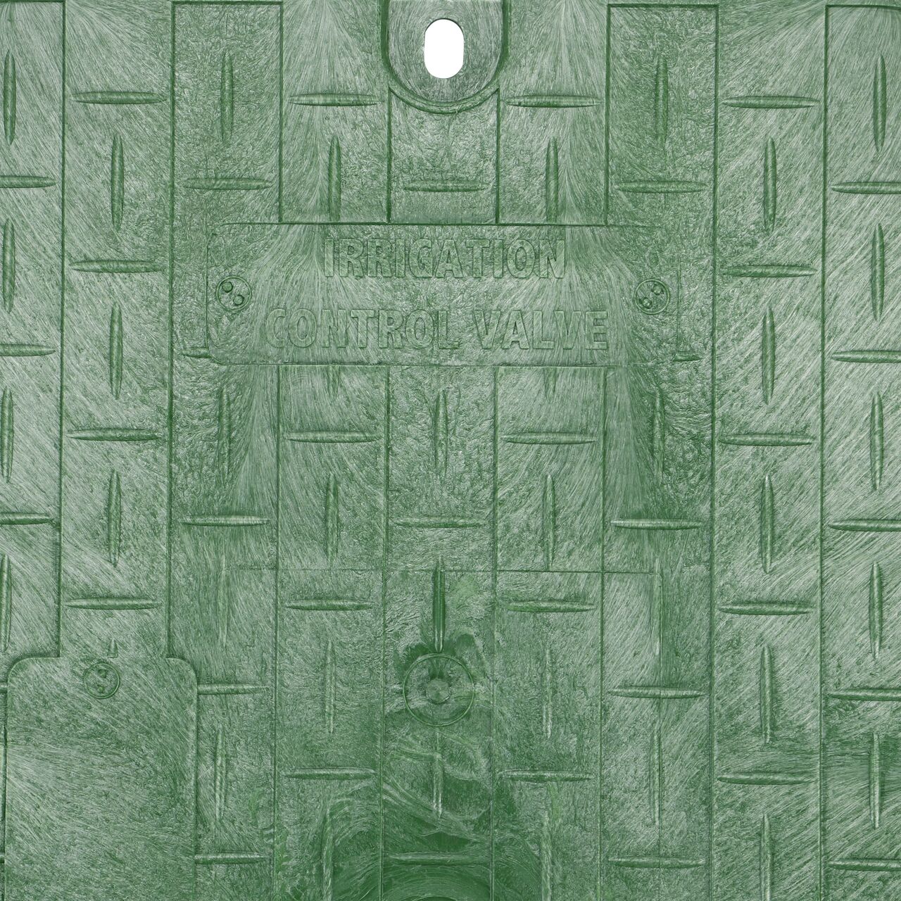 Closeup view of the Irrigation Control Valve markings on the Green Irrigation Control Valve drop-in cover for the NDS 13 in. X 20 in. Rectangular Standard Series Jumbo Valve Box (NDS 117BCD)
