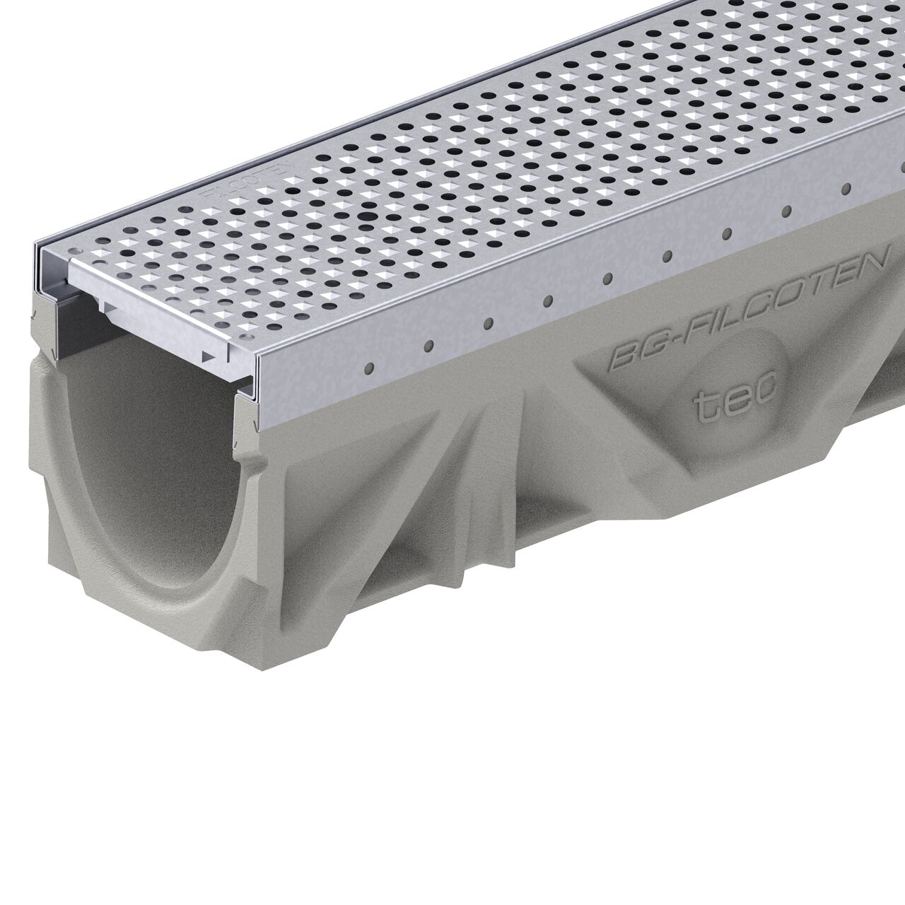 Closeup view of the class C perforated design galvanized steel BG-FILCOTEN® 100 Trench Drain Grate (NDS 17010229) installed on the BG-FILCOTEN® 100 Trench Channel Drain with female end showing