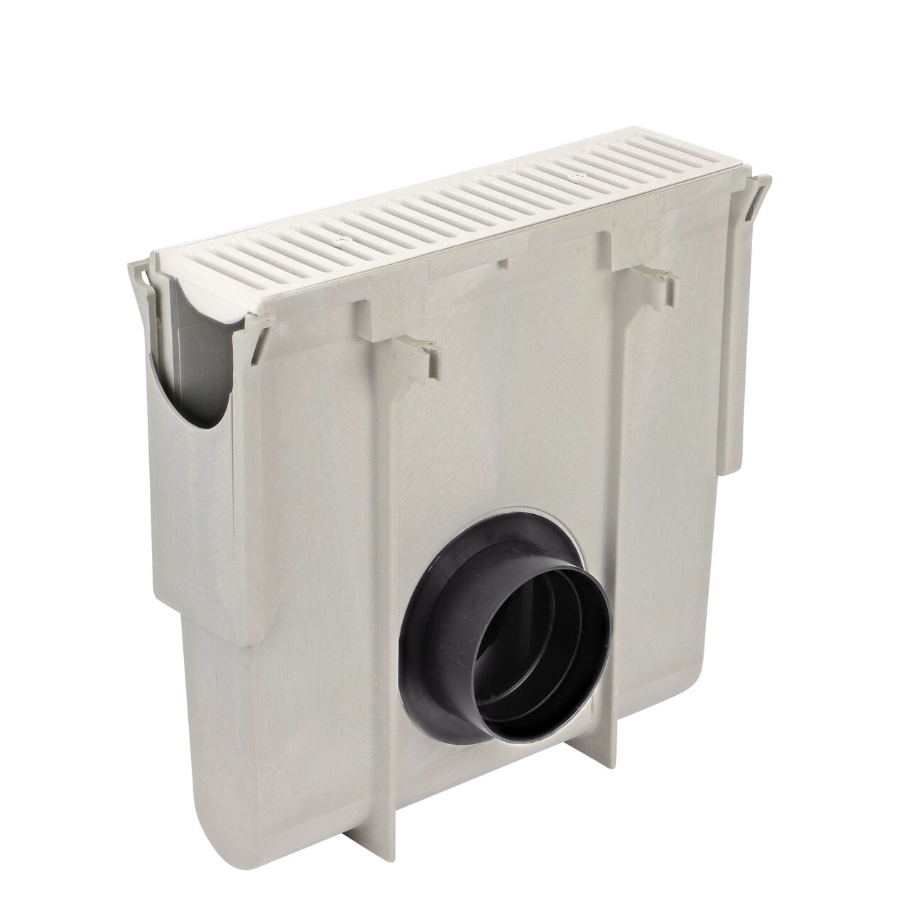 NDS Dura Slope InLine Catch Basin (NDS DS-340) with Dura Slope Channel Drain Grate (NDS 661LG) fits the NDS Locking Outlet Adapter (NDS 1266) which connects to 6 in. Drain Pipes