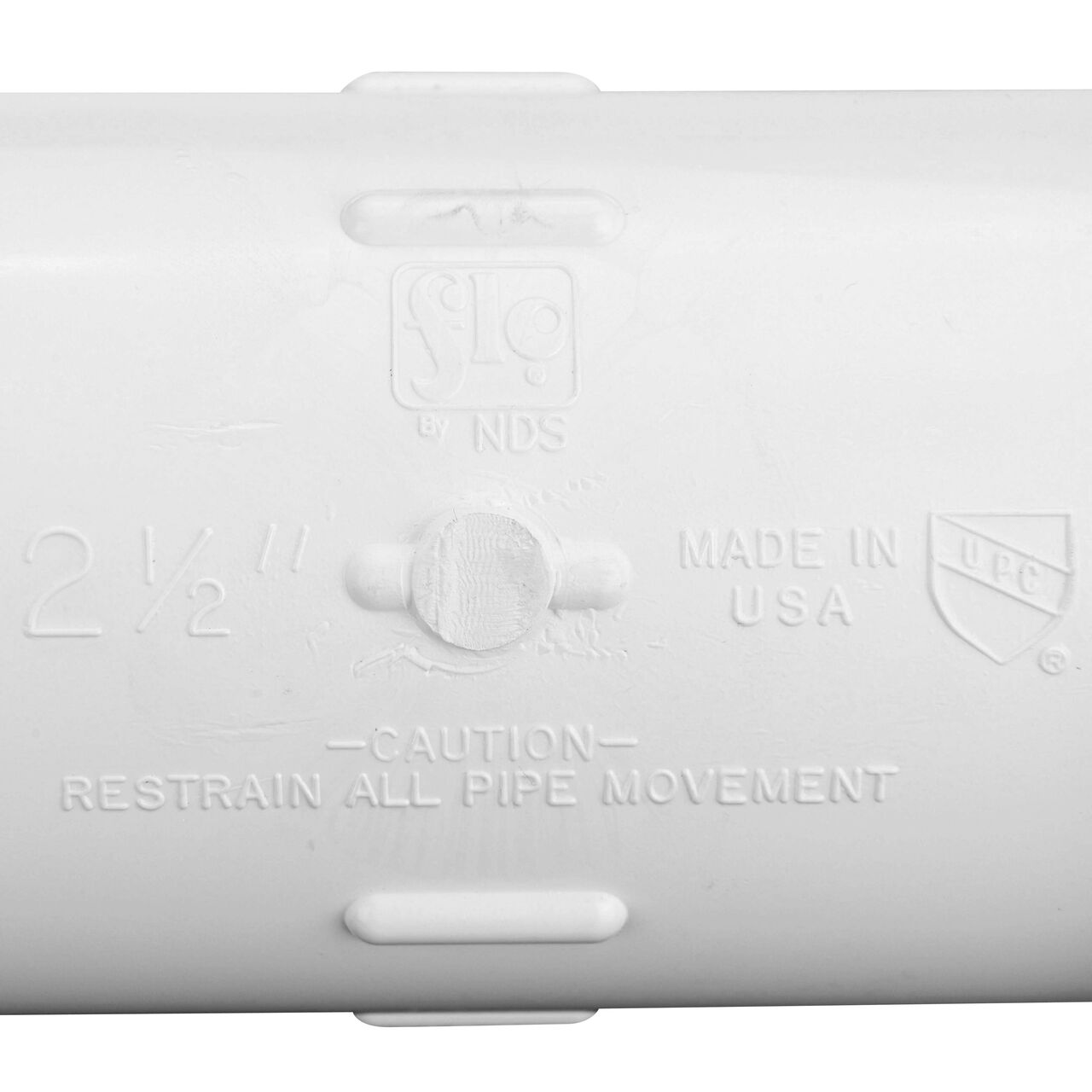 Closeup view of the NDS 2-1/2 in. IPS UC Compression Coupling showing that it is made in the USA as part of a complete flow management system for pool, spa, irrigation, and plumbing applications (NDS CCC-0500)
