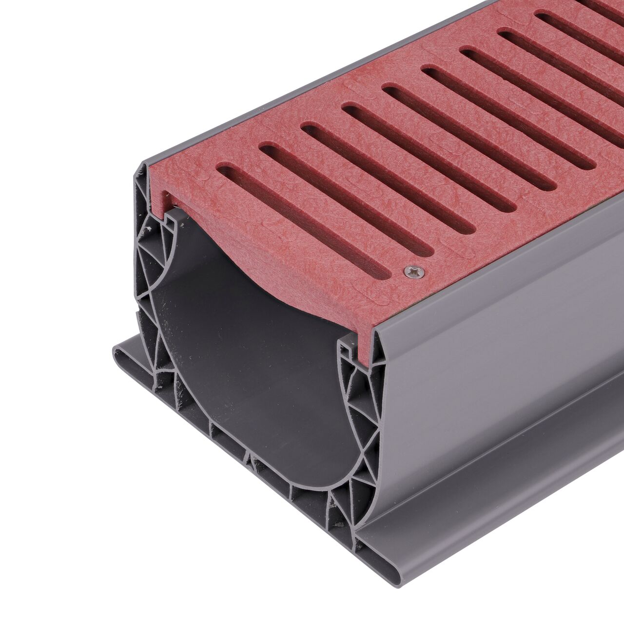 Closeup View of the NDS Spee-D® Channel Drain Grate in Brick Red Plastic installed on Spee-D Channel Drain (NDS 251)