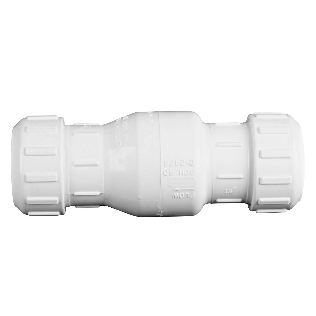 Side to side view of the NDS White 1-1/2 in. PVC Compression Swing Check Valve (NDS 1500-15)