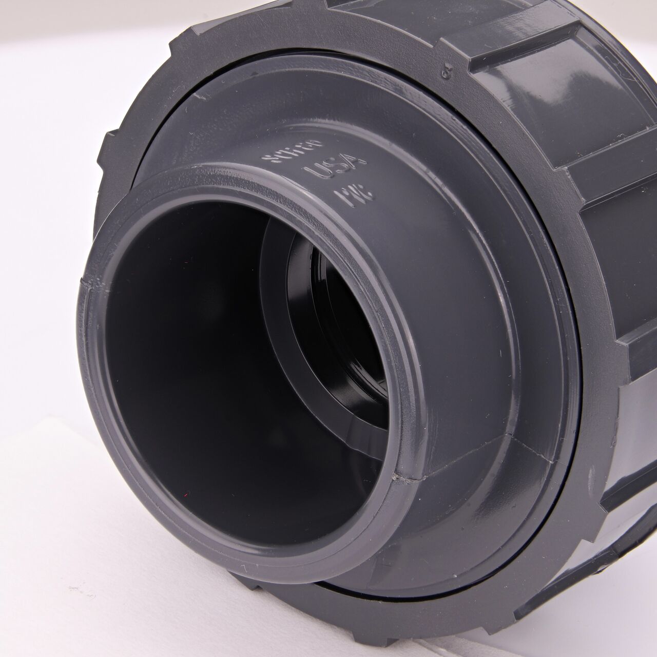 Closeup view of one slip end on the NDS 1-1/2 in. PVC Union (NDS U-1500-S)  which provides a corrosion-free connection between pipes and prevents costly property damage