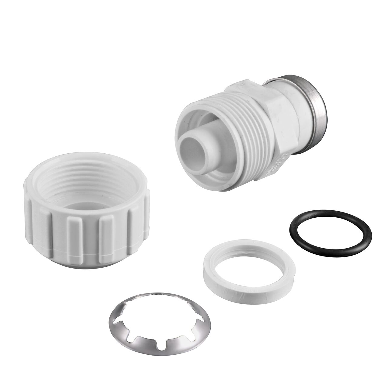 The NDS 3/4 in. SIDIR-7 FPT X 3/4 in. PE TS Flo-Lock™ Gripper Coupling for PE Pipe fully unassembled showing the steel gripper, EPDM O-Ring and stiffner (NDS 831-07)