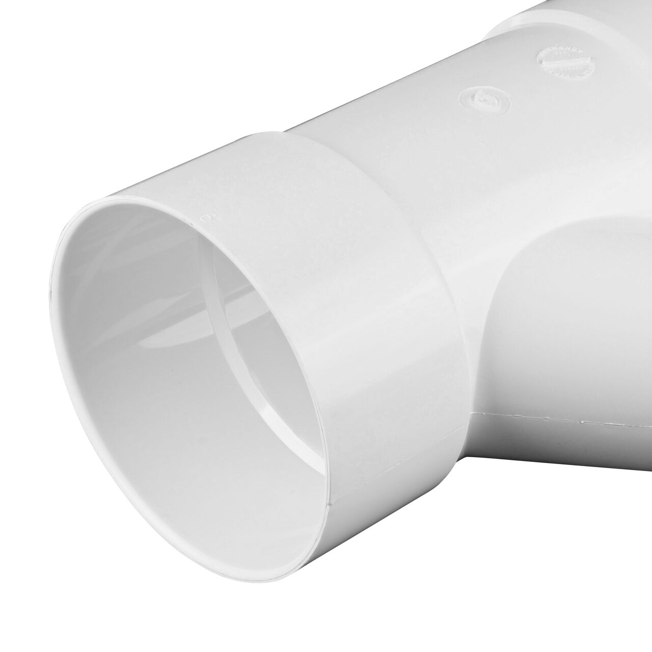 Horizontal closeup of the 6 in. hub on the NDS PVC 45 degree wye for Sewer and Drain pipes, 6 in. Hub X Hub X 4 in. Hub (NDS 64P08, NDS L64P08)
