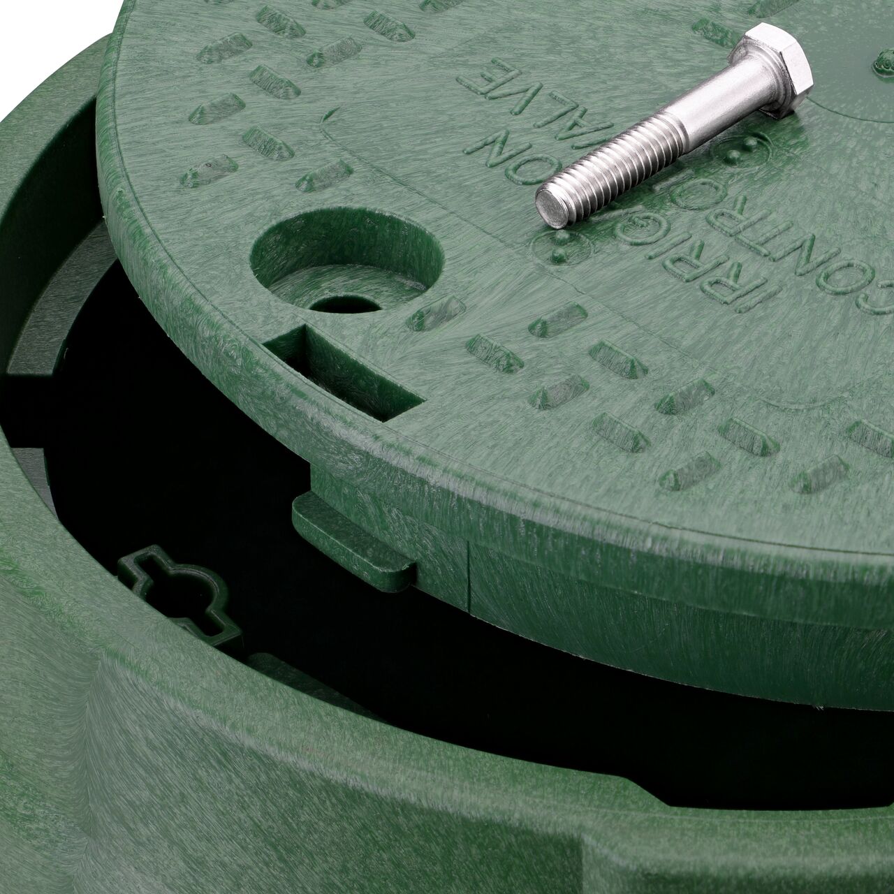 Align the bolt hole on the lid with the bolt hole from the NDS 10 in. Round Standard Series Green Box and Green Irrigation Control Valve Cover (NDS 112BCB) for a secure fit