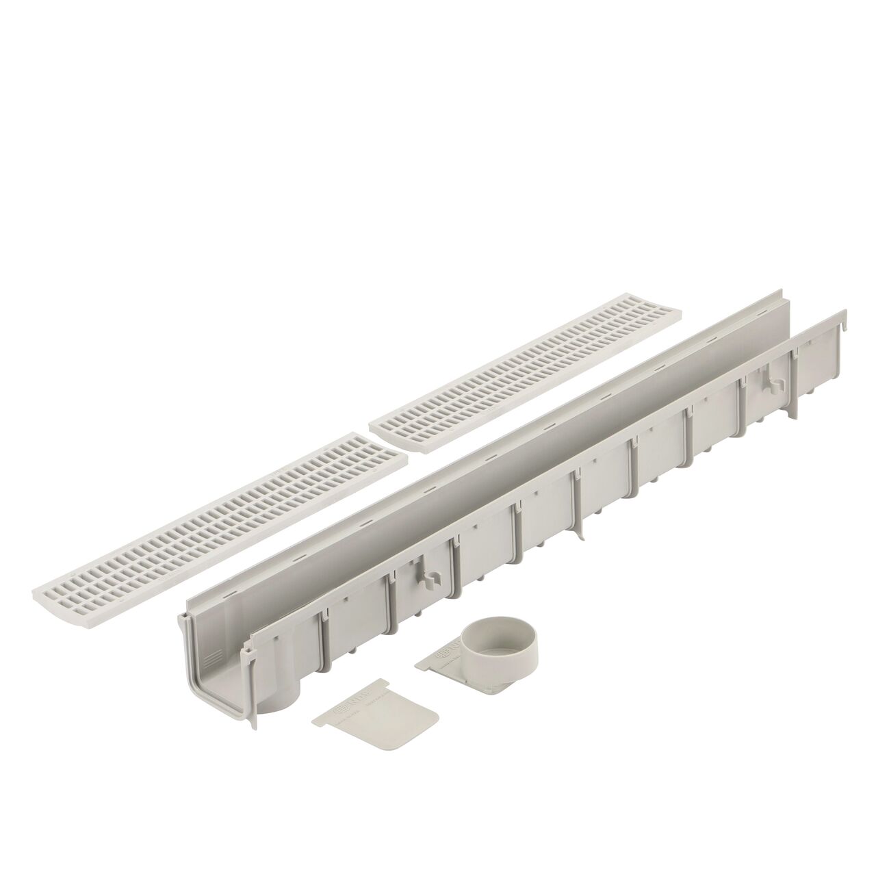 NDS 3 in. Pro Series Channel Drain Kit unassembled, with Channel Drain, Grate, End Cap/End Outlet, and End Cap (NDS 764)