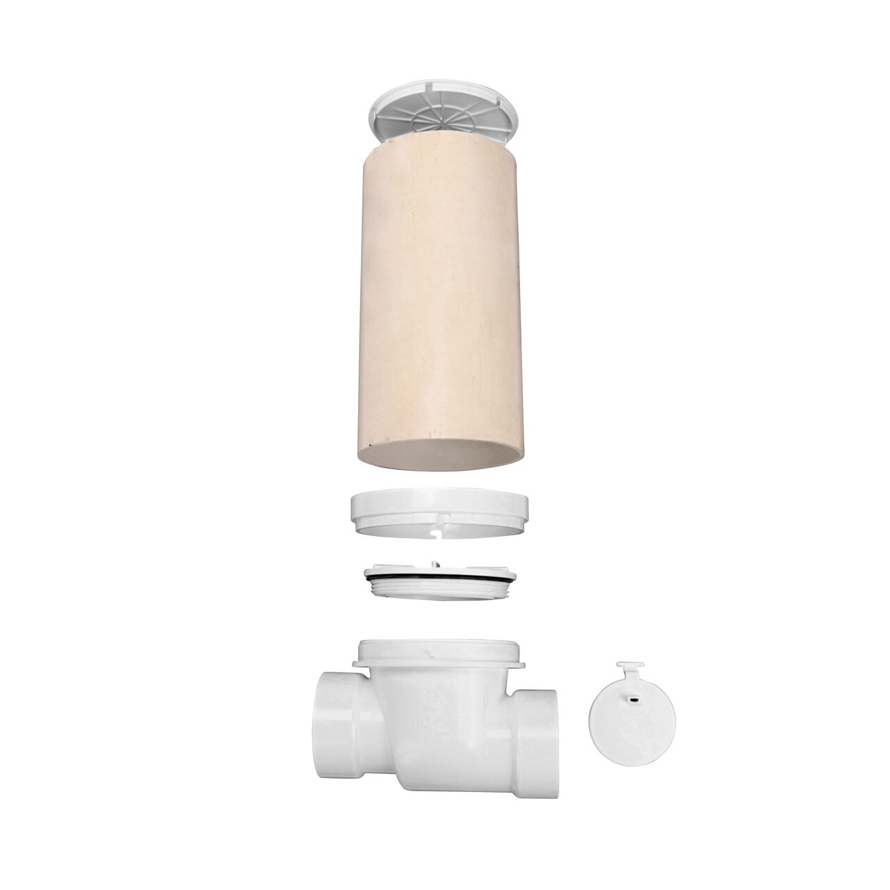 Exploded view of the NDS 4 in. White PVC Backwater Valve with Riser and Cover showing lid, riser, BWV pipe extension collar, cap, cap O-Ring, back water valve (NDS 475PR) and how it will be assembled