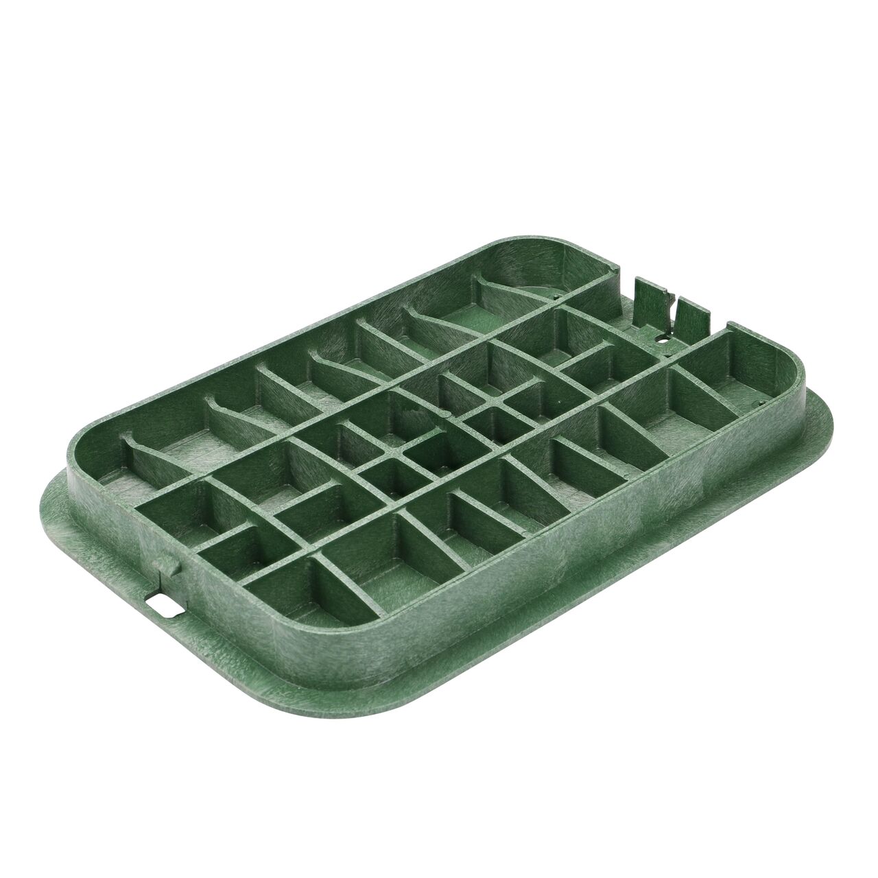 Bottom view of the reinforced ribs on the NDS 13 in. X 20 in. Green Sewer cover (NDS 317CS) that fits the NDS 13 in. X 20 in. Pro-Spec® Series Valve Box