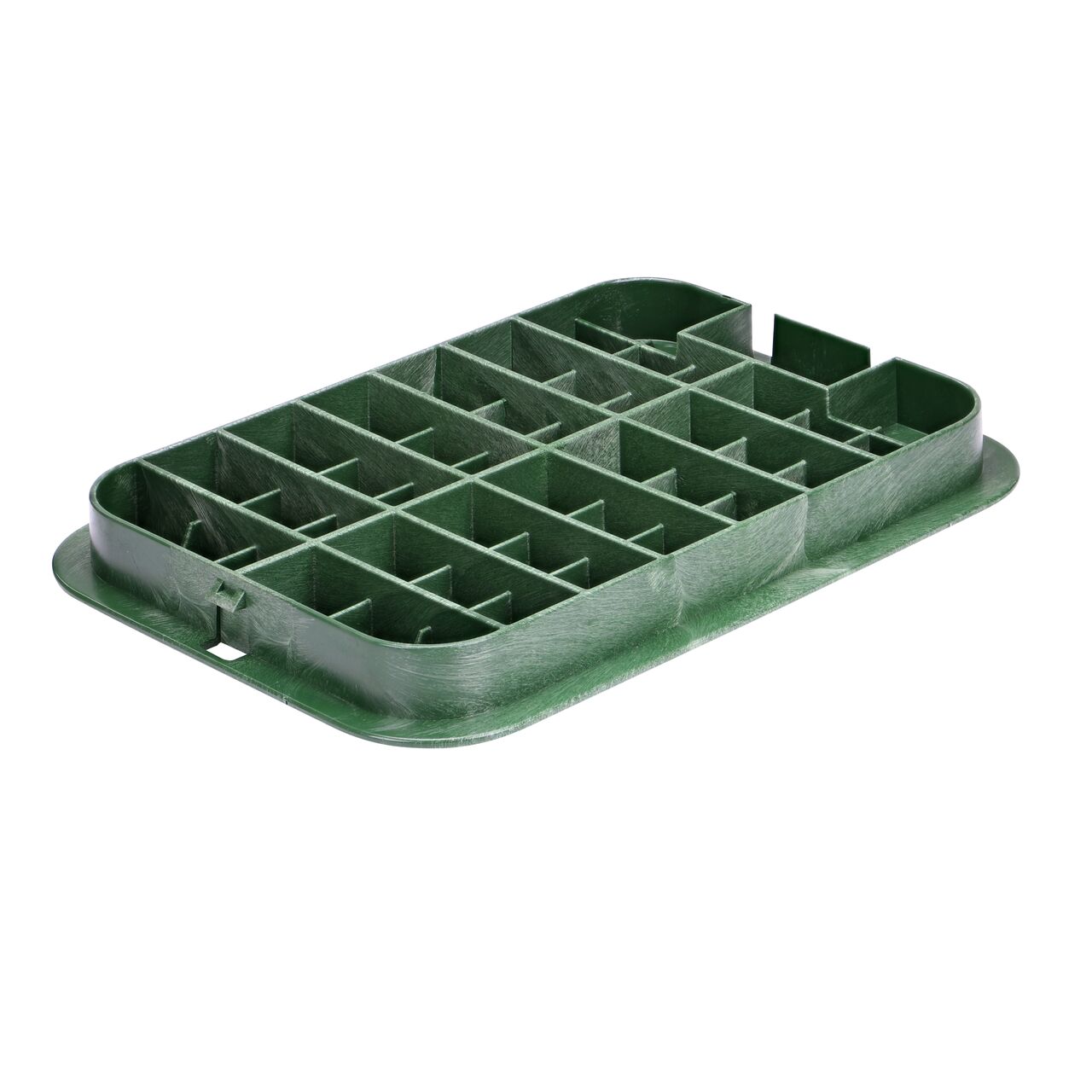 Bottom view of the reinforced ribs on the NDS 13 X 20 in. Green Irrigation Control Valve cover (NDS 117CW) that fits the NDS 13 X 20 in. Standard Series Valve Box