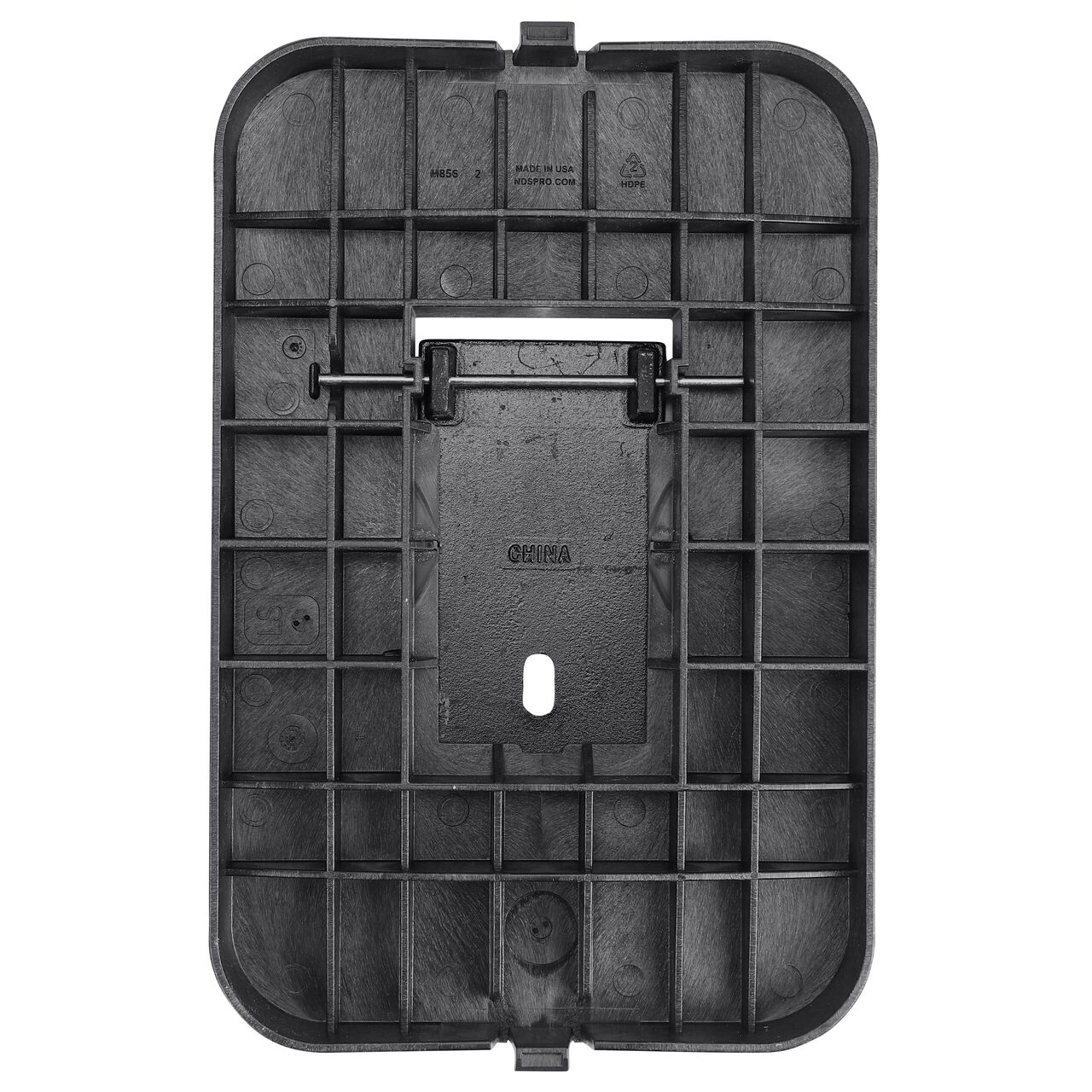 Top down view of the underside of the Black Water Meter cover (NDS D1200-DICIRLID) for the NDS 14 in. X 19 in. Rectangular Standard Series meter box showing reinforcing ribs that help support pedestrian and lawn care equipment and hinged Cast Iron reader door