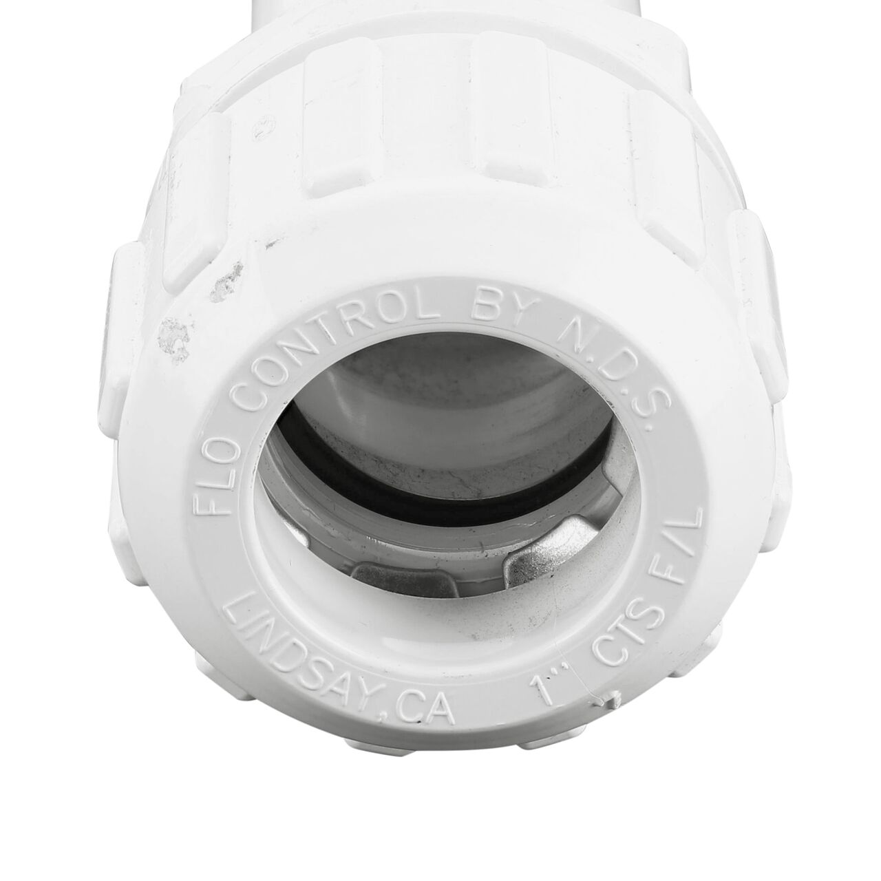 Closeup of the steel gripper teeth inside the compression end of the NDS 1 in. CTS FPT X IPS Spigot Flo-Lock™ Gripper Adapter (NDS 935-10)