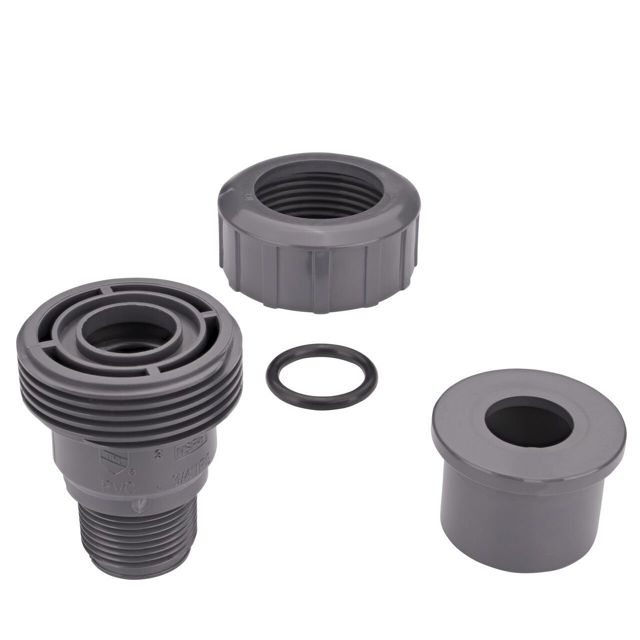 NDS PVC True Union unassembled showing all the pieces including the Slip hub and Male threaded ends facing upwards that connect two 3/4 in. Sch. 80 pipes
