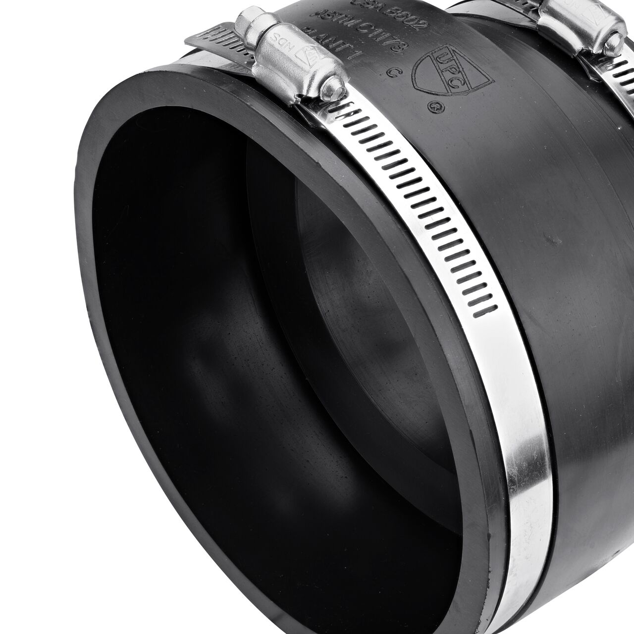 Closeup view of the large end on the NDS 4 in. flex coupling for concrete pipe to cast iron or plastic pipe (NDS 06-44)
