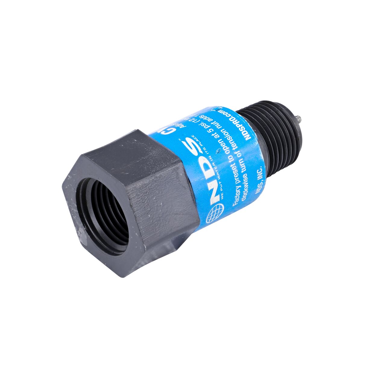 The female end of the NDS Gray 1/2 in. IPS MPT X FPT PVC Adjustable Inline Spring Check Valve (NDS CV-0500-MF)