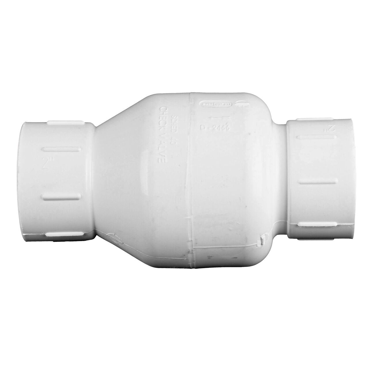 Side to side view of the NDS White 2 in. IPS FPT X FPT PVC Adjustable Spring Check Valve with 1-3/4-14-1/2 lb. Spring (NDS 1205-20)