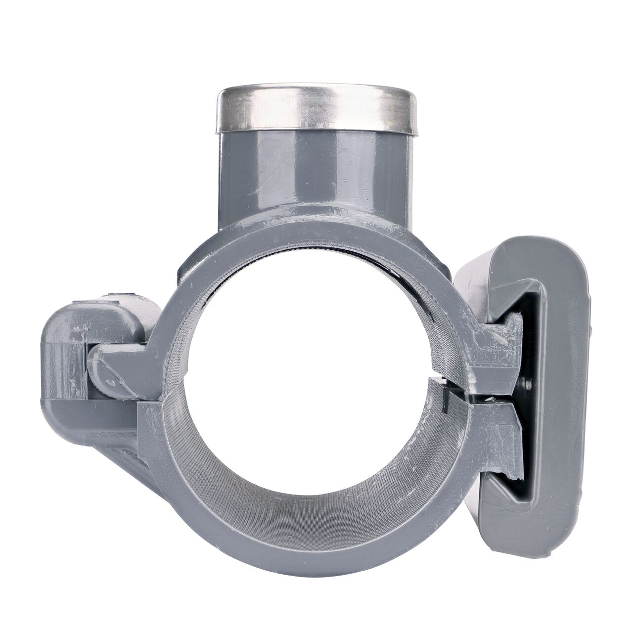 Front facing view of the NDS Clamp-It™ Rigid PVC Saddle with 1 in. FPT connection on top (NDS 422010) for 2 in. PVC pipe showing both the wedge and hinge sides