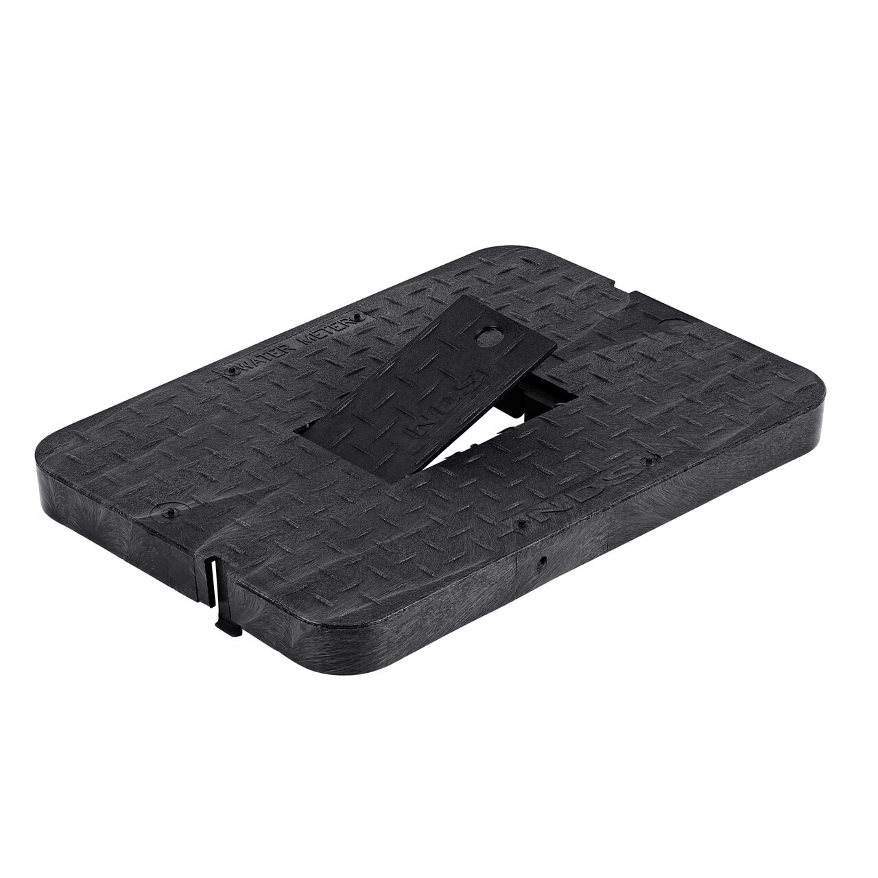 The hinged side of the plastic reader door on the NDS 13 in. X 20 in. Rectangular Standard Series Meter Box & Water Meter Cover (NDS D1500-DIRBL)