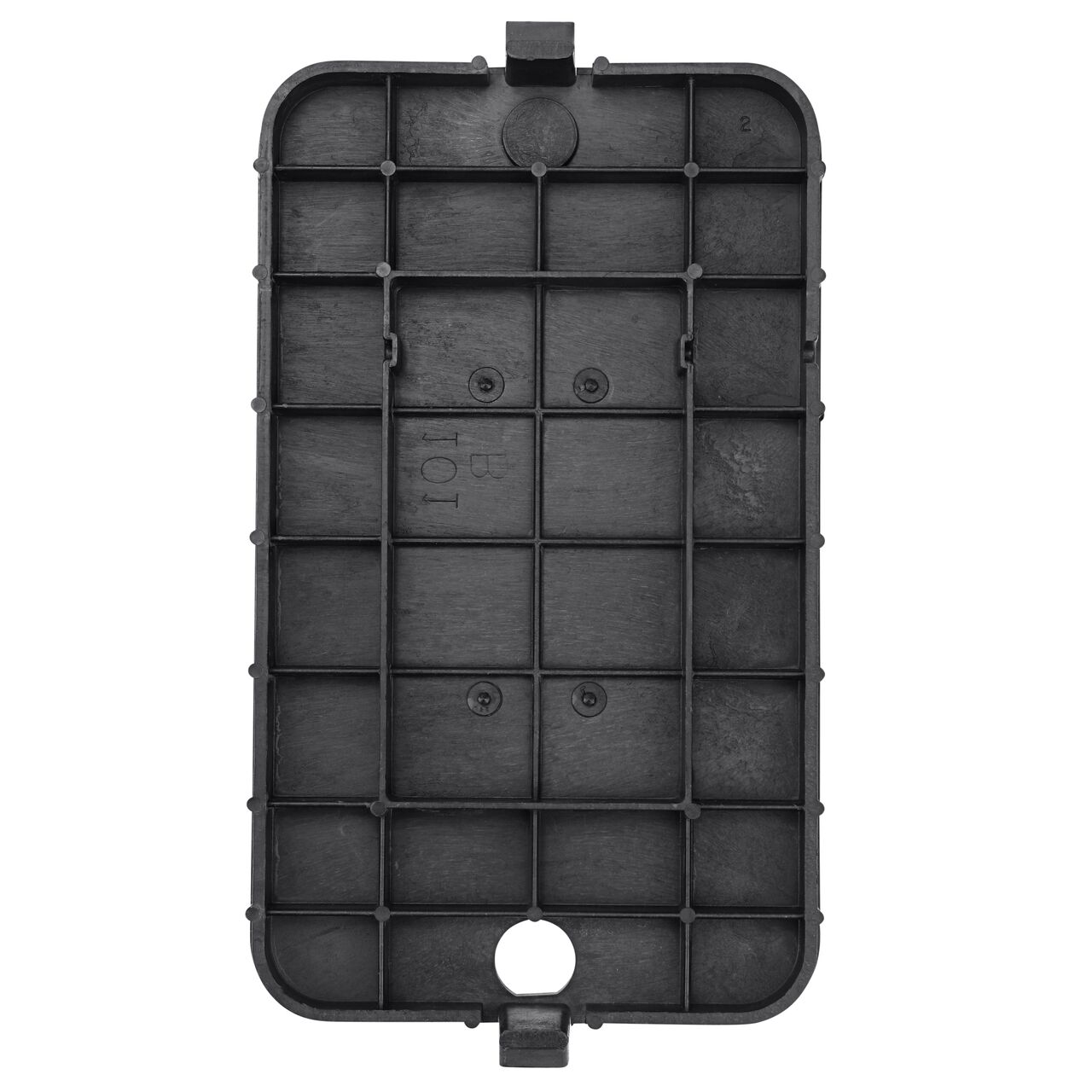 Top down view of the underside of the Black Water cover (NDS D1000-SBL) for the NDS 10 in. X 15 in. Rectangular Standard Series meter box showing reinforcing ribs that help support pedestrian and lawn care equipment
