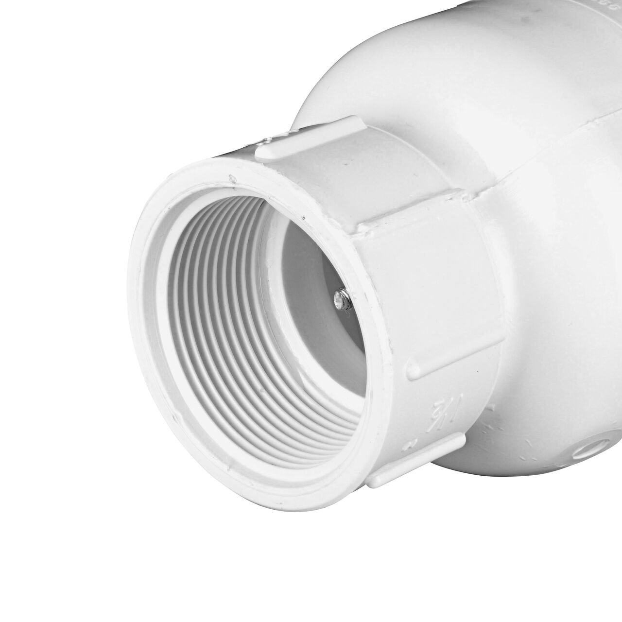 Closeup of the other threaded end NDS White 1-1/2 in. IPS FPT X FPT PVC Adjustable Spring Check Valve with 3-1/2-50 lb. Spring (NDS 1205-15)