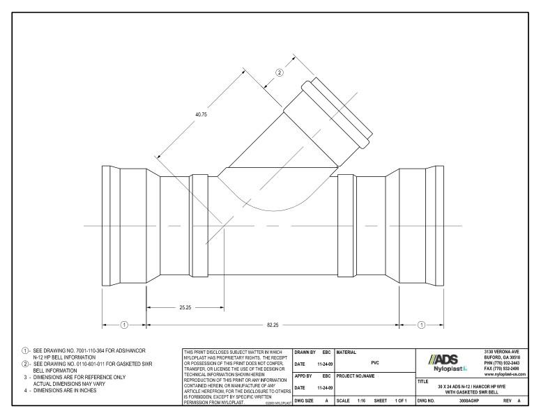 30 x 24 HP Wye with Gasketed SWR Bell Nyloplast Detail