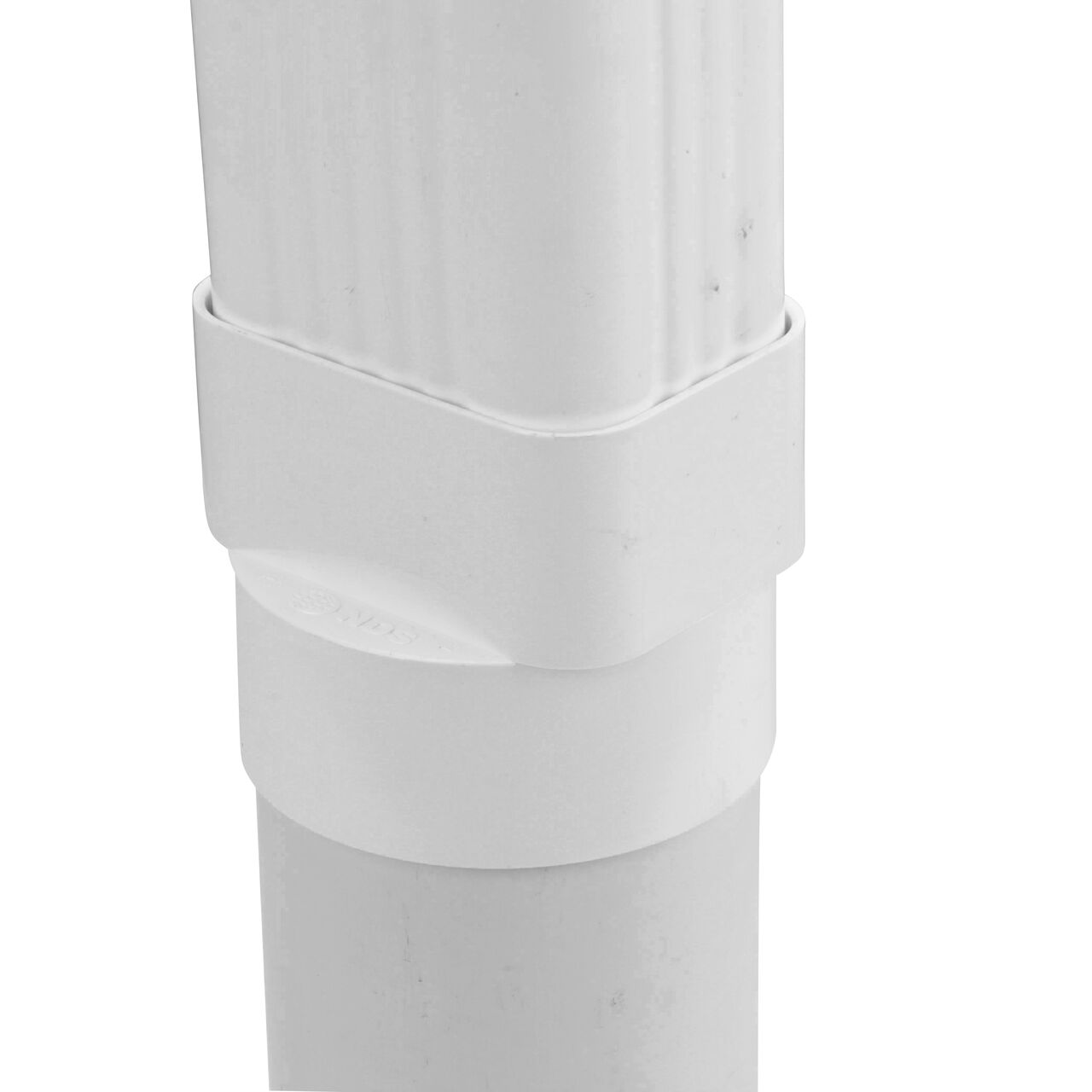 The NDS downspout adapter (NDS 9P06, 906G*) installed on both a 4 in. S&D pipe and a 3X4 downspout.