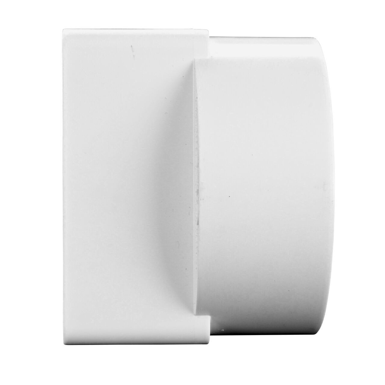 Side view of the NDS offet downspout adapter showing either end that connects to a 3X4 in. downspout and a 4 in. S&D hub (NDS 9P13)